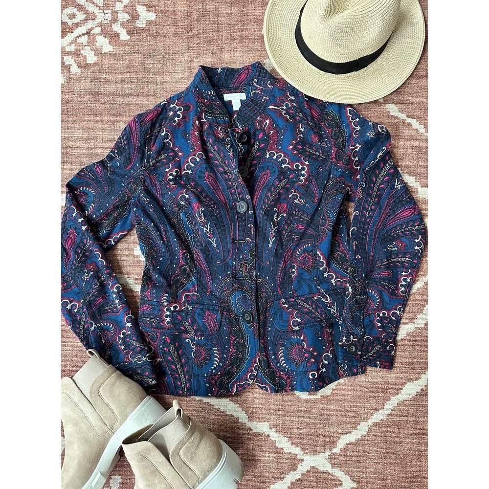 Charter Club Blue Fuchsia Paisley Cotton Twill Blazer Jacket size S